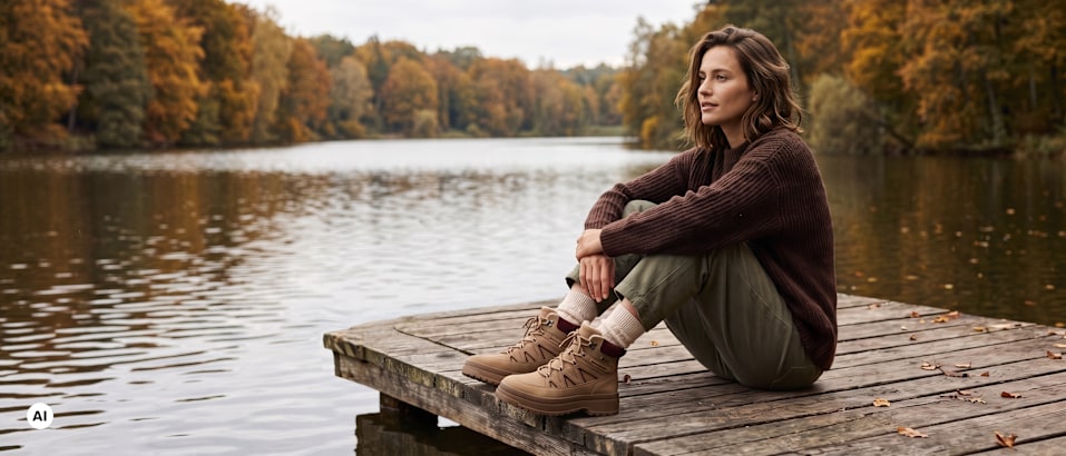 Women sits on a peer at a lake