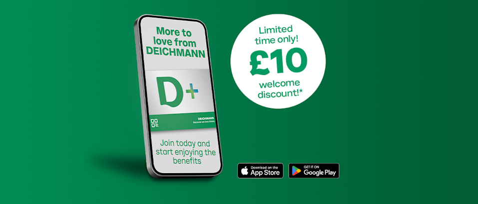 A green banner with a smartphone graphic promoting the DEICHMANN D+ and the text "More to love from DEICHMANN. D+. Join today and start enjoying the benefits. Limited time only! £10 welcome discount! Download on the App Store. Get it on Google Play."