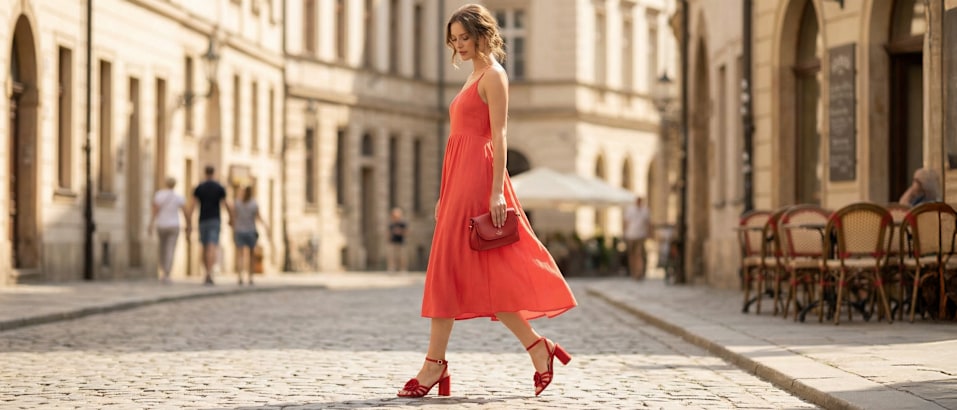 women with a red dress and pumps